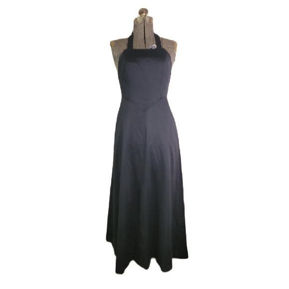 Vintage 60s‎ 70s Black Halter Neck Maxi Dress Square Neck Basque Waist Small